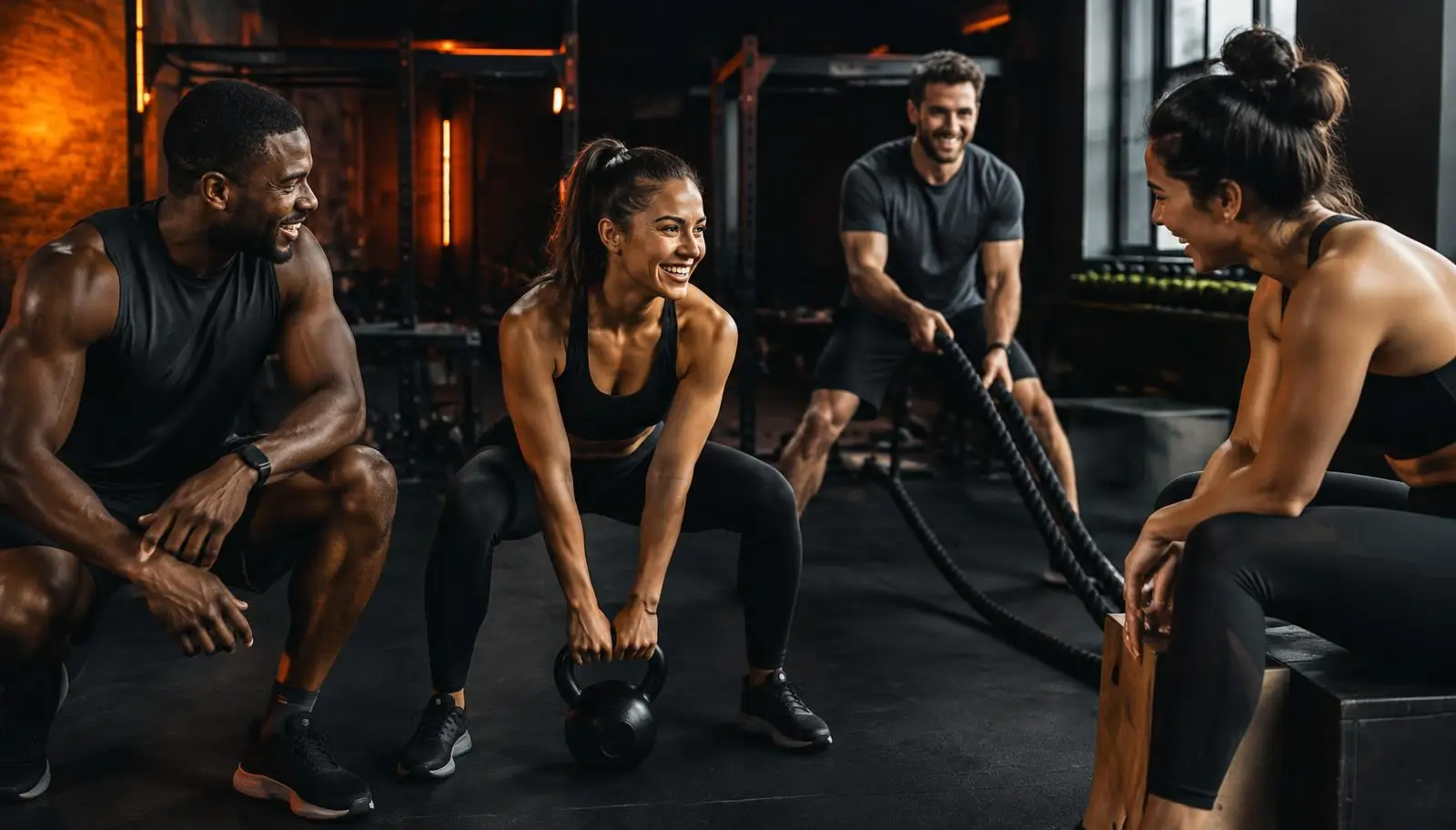 Sfeerbeeld van sporters die samen trainen in een sportschool (illustratie, geen echte leden)
